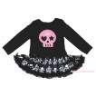 Halloween Black Long Sleeve Bodysuit Black Crown Skeleton Pettiskirt & Light Pink Skeleton Print JS4785